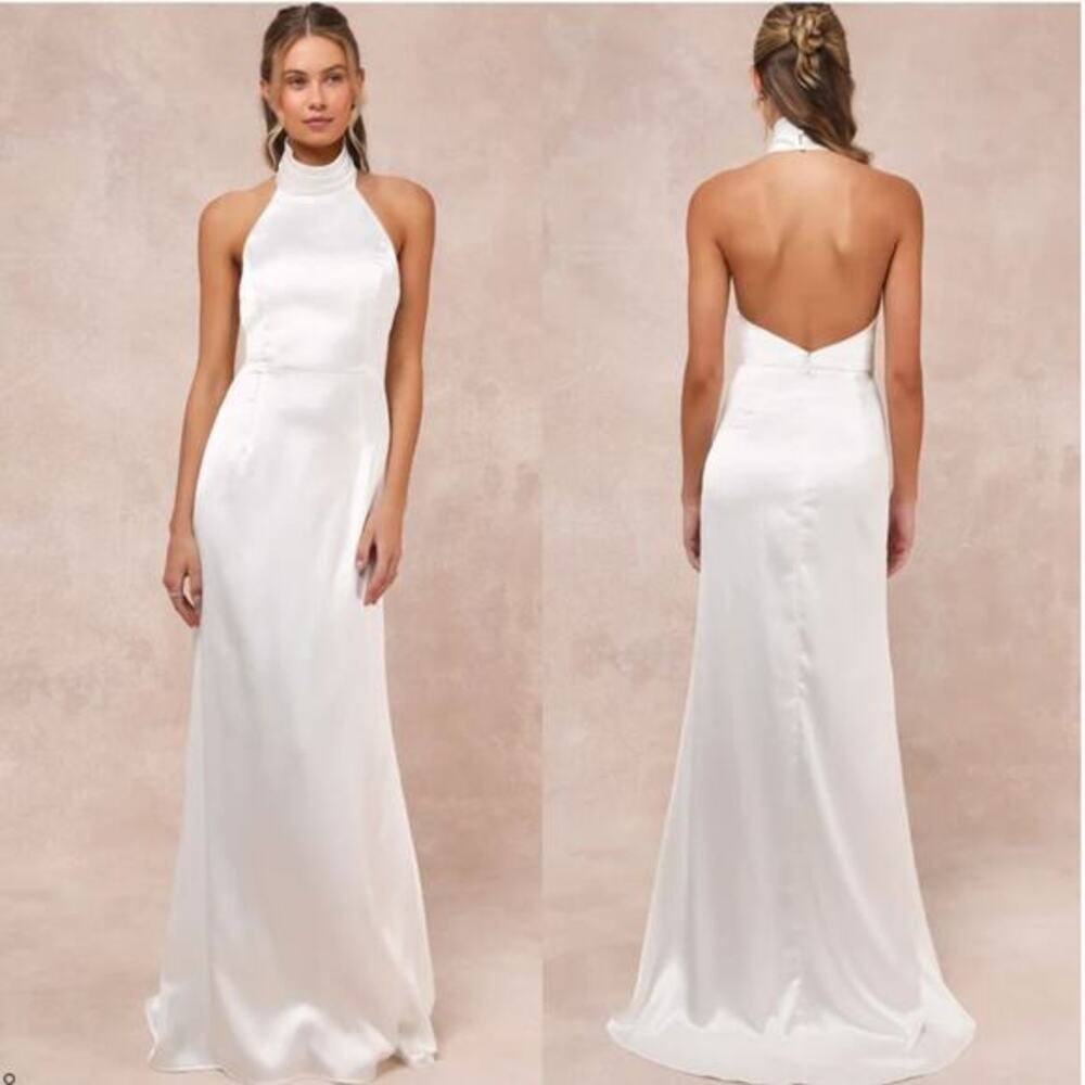 Lulus Women's Luxe Destiny White Satin Backless Halter‎ Mermaid Maxi Dress XS